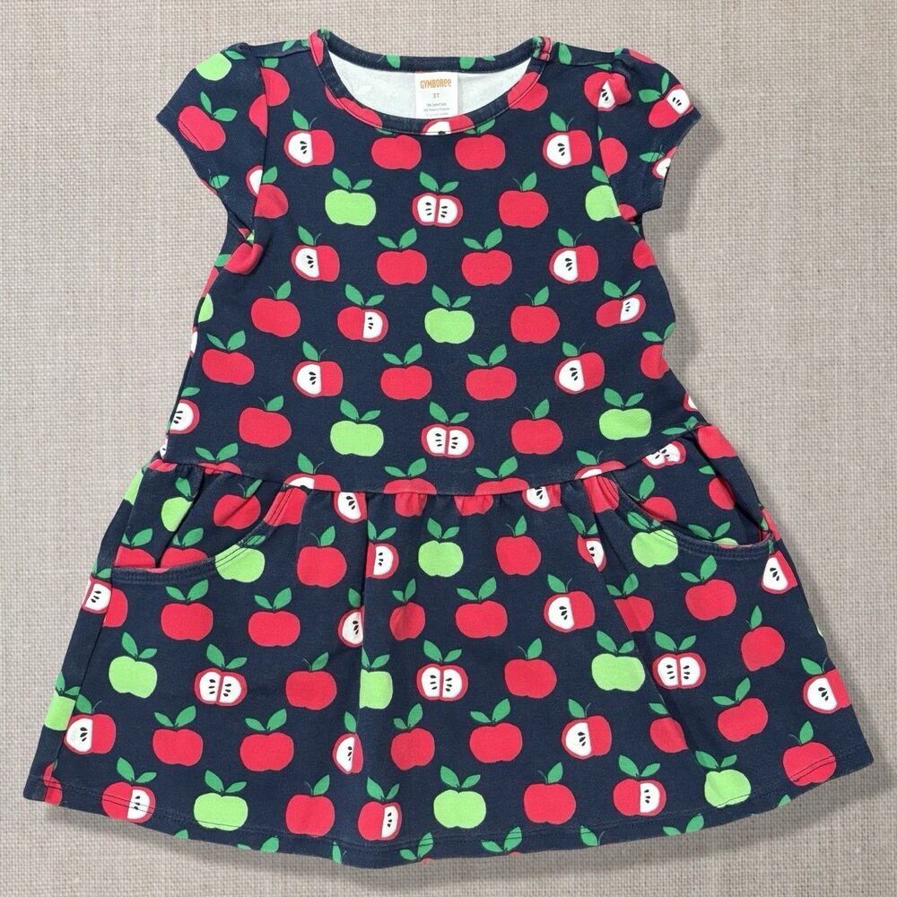 Gymboree Apple Pocket Dress Girls Size 3T Navy Red Green School Teacher Fall